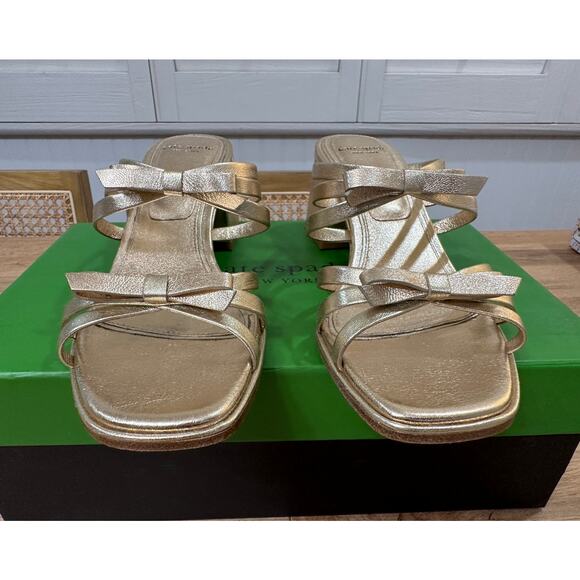 Kate Spade Carolina Block Heel Sandal Metallic Nappa Pale Gold 6.5 Lightly Worn - Picture 9 of 16